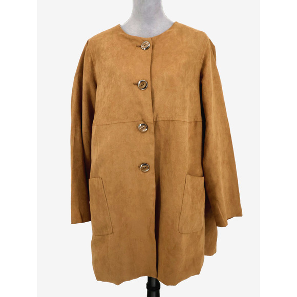 Susan Graver Jacket Plus Size 1X Camel Beige Faux Suede Lined Long Blazer Pocket - Picture 1 of 14